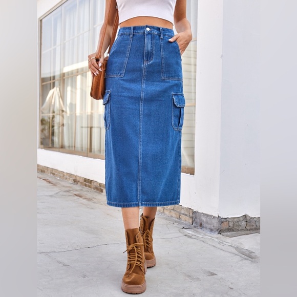 Slit Midi Denim Skirt with Pockets - Picture 1 of 5